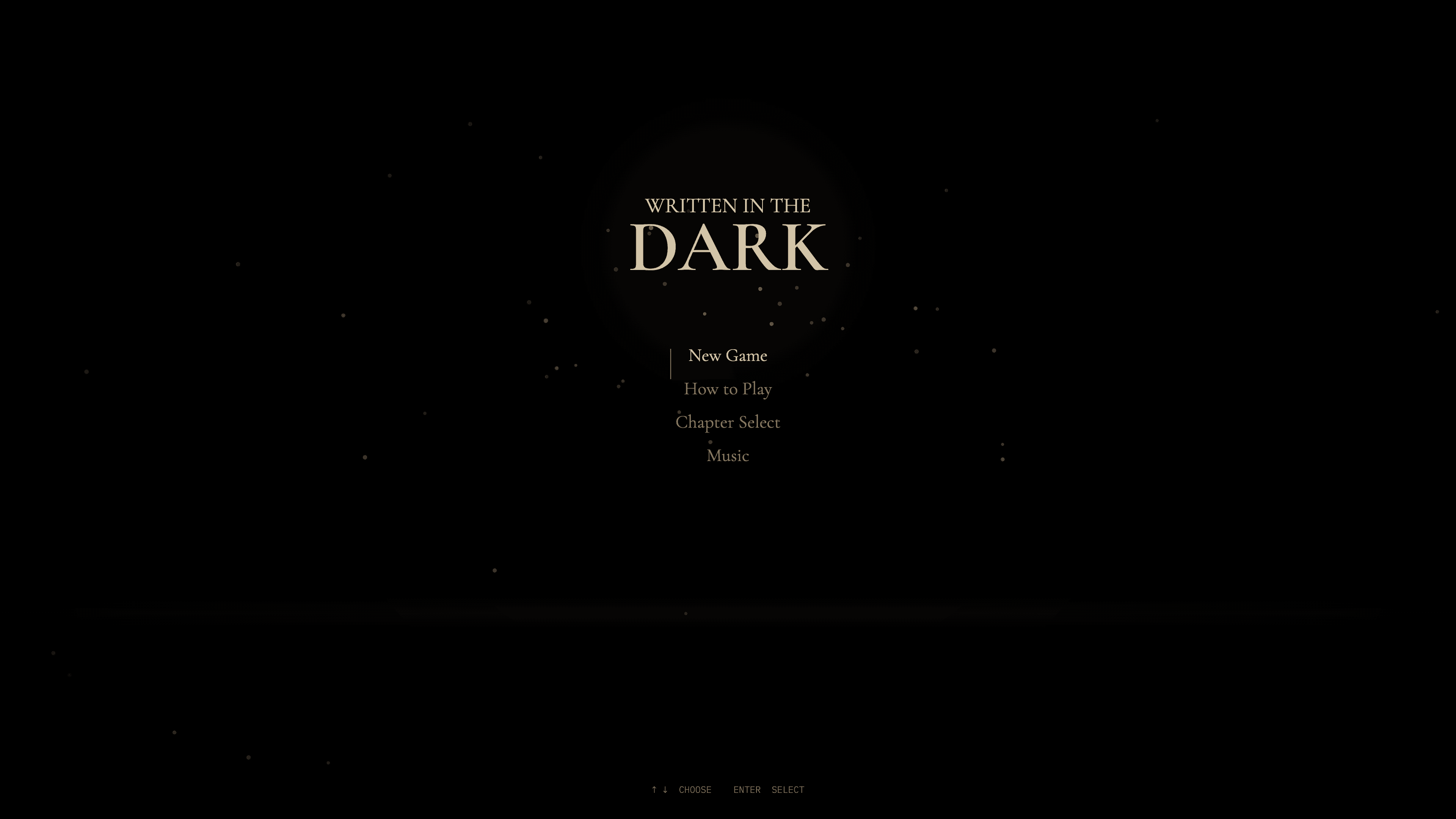 Title screen with menu options and floating dust particles