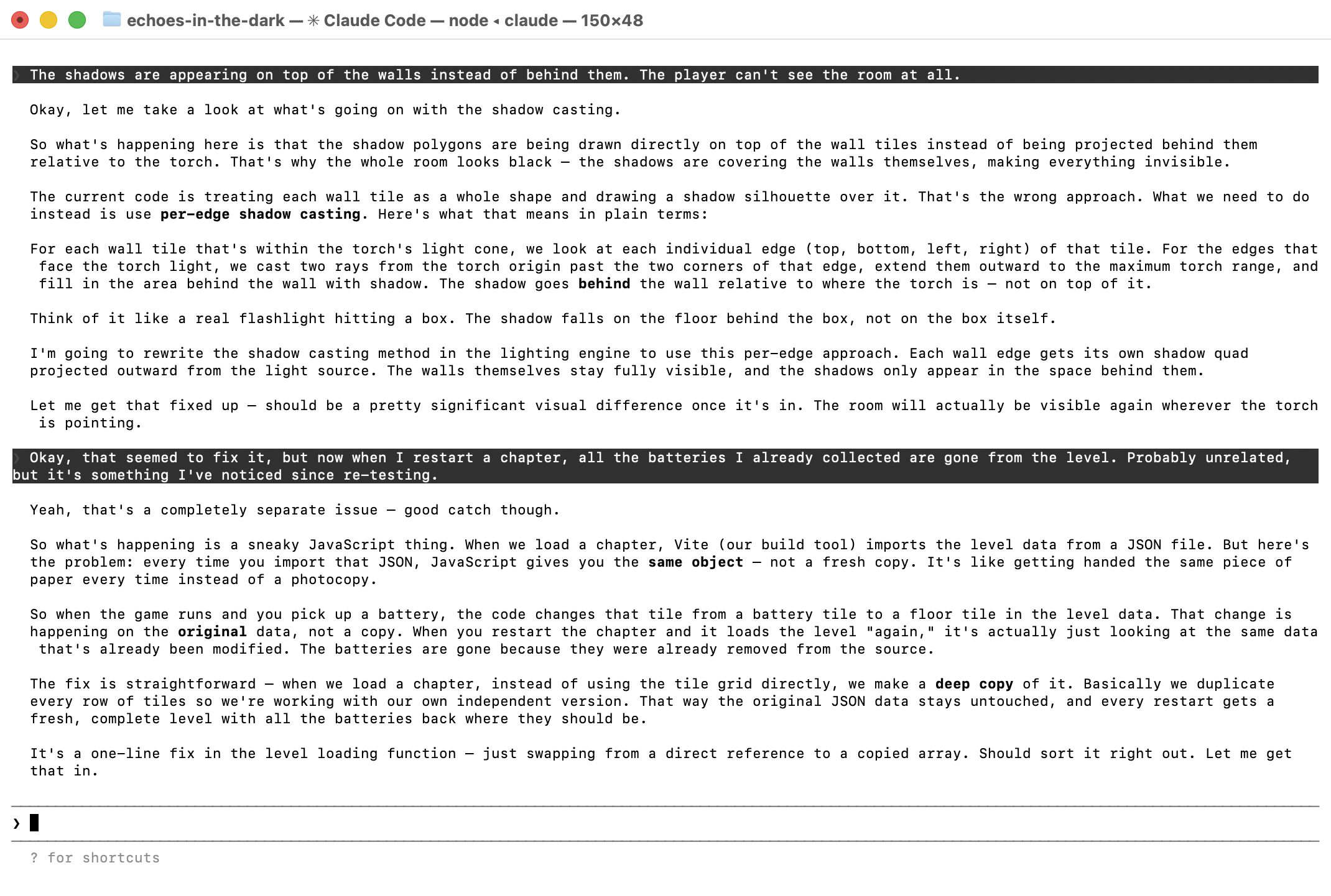 A real Claude Code conversation showing shadow casting debugging and a data mutation fix